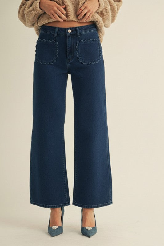 Mid Rise Stretch Wide Leg Scallop Pants - Deep Navy
