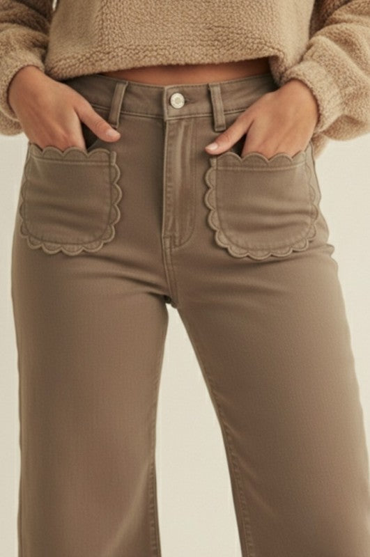 Mid Rise Stretch Wide Leg Scallop Pants - Mocha