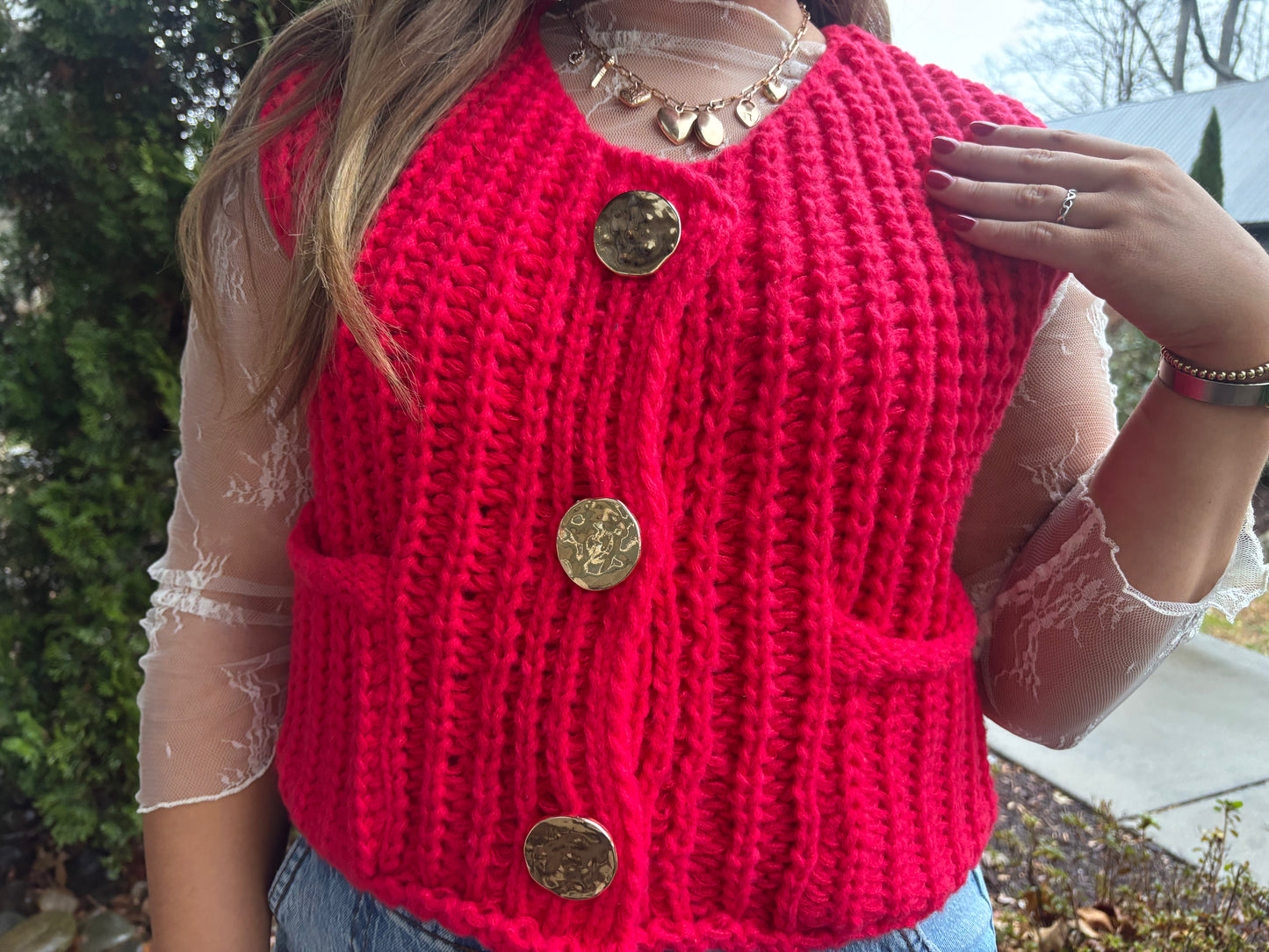 Red Chunky Knit Sweater Vest