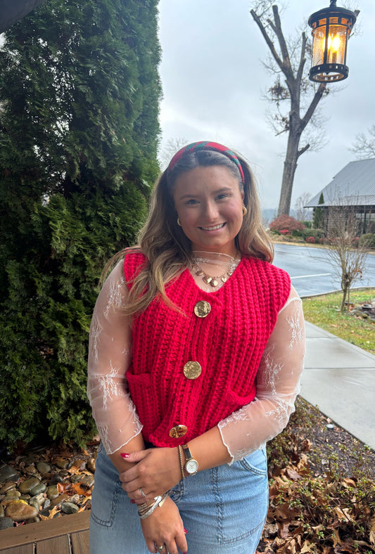 Red Chunky Knit Sweater Vest